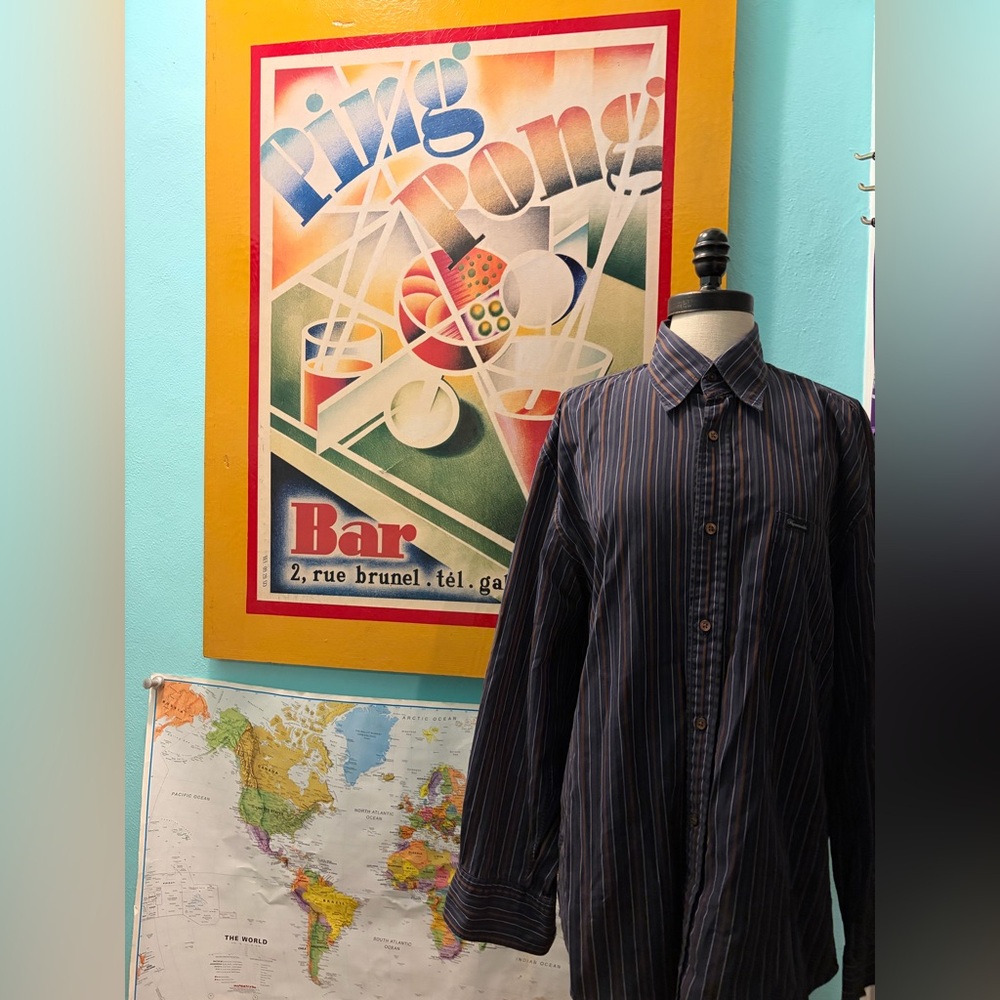Faconnable Men's Navy Multicolor Pinstripe Dress Shirt